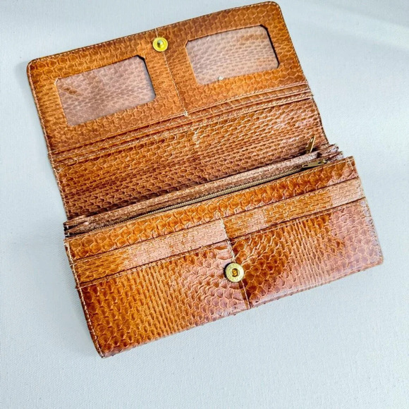 Vintage Snakeskin Classic camel Brown Long Bifold Wallet - Picture 5 of 6